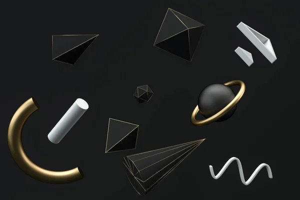 Objetos Abstractos Dorados Negros Representación Dibujo Digital Informático — Foto de Stock