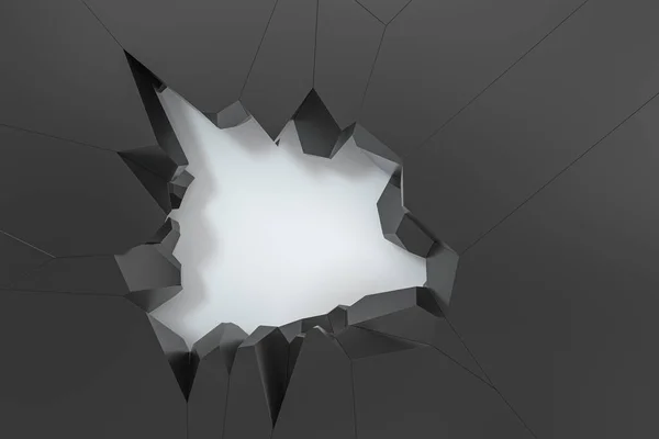 暗い金属の壁に亀裂穴 3Dレンダリング コンピュータ デジタル ドローイング — ストック写真
