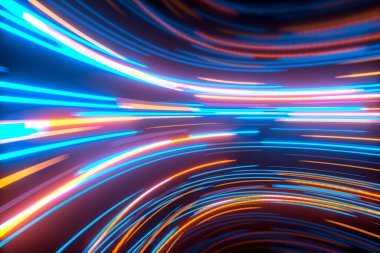 Karanlık yuvarlak odada ışıltılı yuvarlak çizgiler, 3D görüntüler. Bilgisayar dijital çizimi.