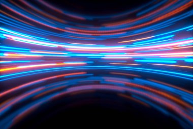 Karanlık yuvarlak odada ışıltılı yuvarlak çizgiler, 3D görüntüler. Bilgisayar dijital çizimi.