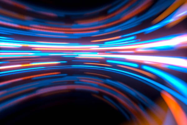 Karanlık yuvarlak odada ışıltılı yuvarlak çizgiler, 3D görüntüler. Bilgisayar dijital çizimi.