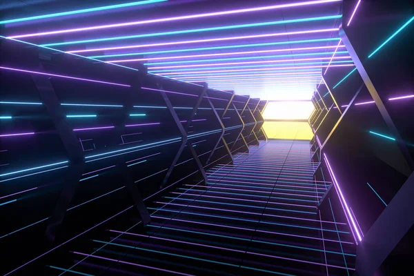 Dunkler Raumschifftunnel Mit Glühenden Linien Rendering Digitale Computerzeichnung — Stockfoto