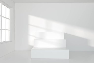 İçinde merdiven olan beyaz boş bir oda, 3 boyutlu. Bilgisayar dijital çizimi.