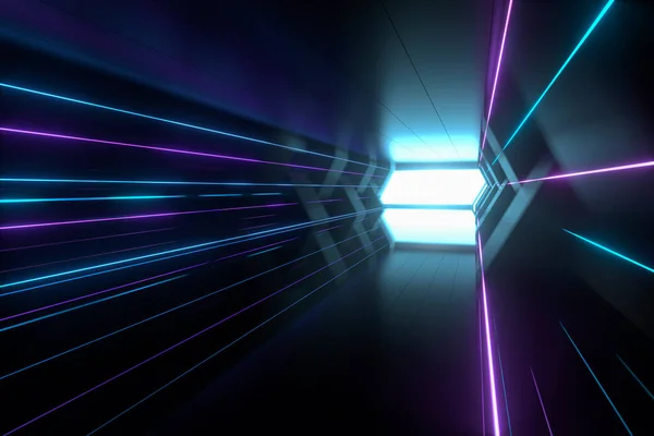 Dark Spaceship Tunnel Glowing Lines Rendering Computer Digital Drawing — Stock Photo, Image