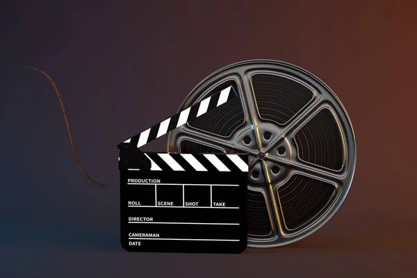 Clapper board and film tape with dark background, 3d rendering. Computer digital drawing.