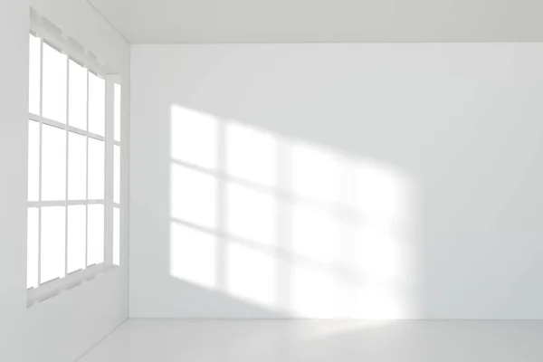Biały Pusty Pokój Światłem Słonecznym Pochodzi Okna Renderowanie Cyfrowy Rysunek — Zdjęcie stockowe