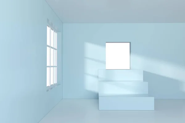 Bílý Prázdný Pokoj Schodištěm Uvnitř Vykreslování Digitální Kresba Počítače — Stock fotografie