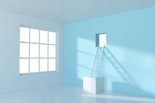 Conceptual room with a ladder lead to outside, 3d rendering. Computer digital drawing.