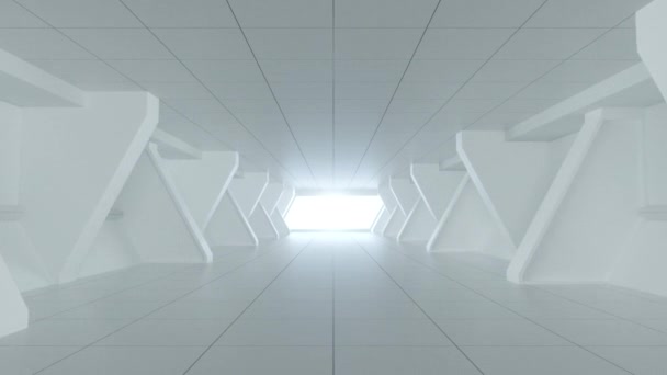 Aller de l'avant dans un tunnel blanc avec de la lumière à la fin, rendu 3D. — Video