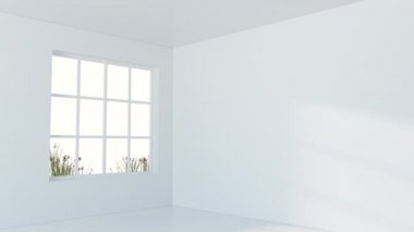 Penceresinden güneş ışığı görünen beyaz boş oda, 3D görüntüleme.