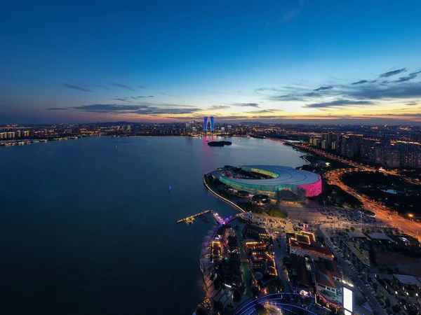 City buildings by Jinji Lake in Suzhou, China. Photo in the industrial park in Suzhou, China.