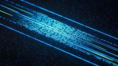 Parlak ikili verileri olan teknoloji devre kartı, 3D görüntüleme.