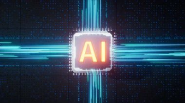 Yapay zeka kavramına sahip devre levhası ve çekirdeği, 3D görüntüleme.