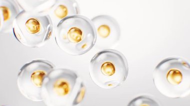 Biyoteknoloji ve kozmetik konseptine sahip altın hücre, 3D görüntüleme.