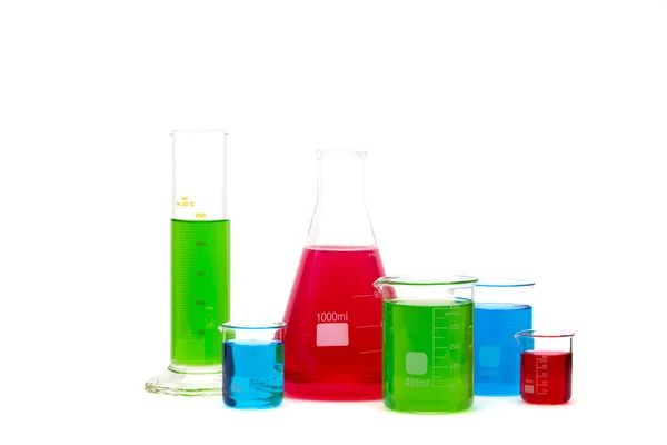Glas För Labb Fylld Med Färgglada Vätska Isolerad Vit — Stockfoto