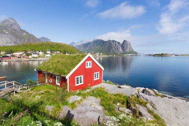 View of traditional norwegian red hut in Lofoten islands. Beautiful summer day and blue sky. clipart