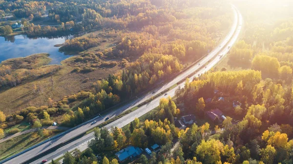 Güzel sonbahar ormanında yolun havadan görünümü. Asfalt kırsal yol ile güzel manzara, kırmızı ve turuncu yaprakları ile ağaçlar. Parkın içinden geçen otoban. Uçan drone'dan en iyi görüntü.