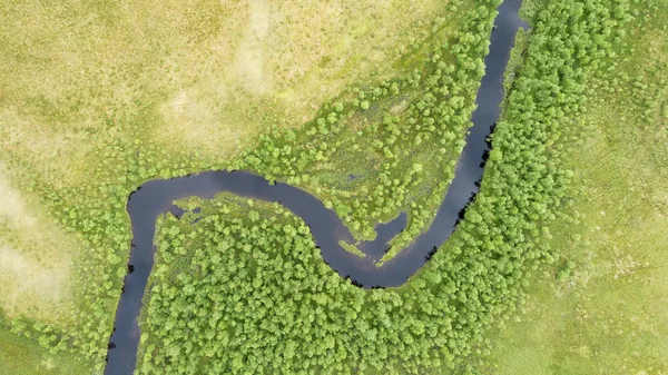 Вид Повітря Зелений Луг Річковий Пейзаж Сонячний Літній День Вид — стокове фото