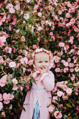 pembe kaput ve pembe elbise pembe Manolya çiçeği çalılıkların içinde güneşli bahar günü giyen küçük kız