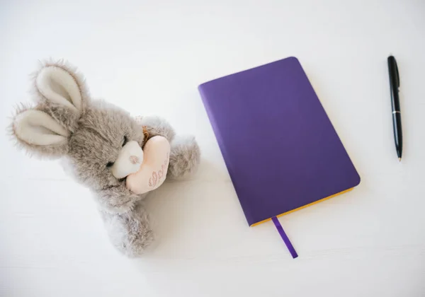 Beyaz arka planda mor defterli tüylü tavşanın üst görünümü.