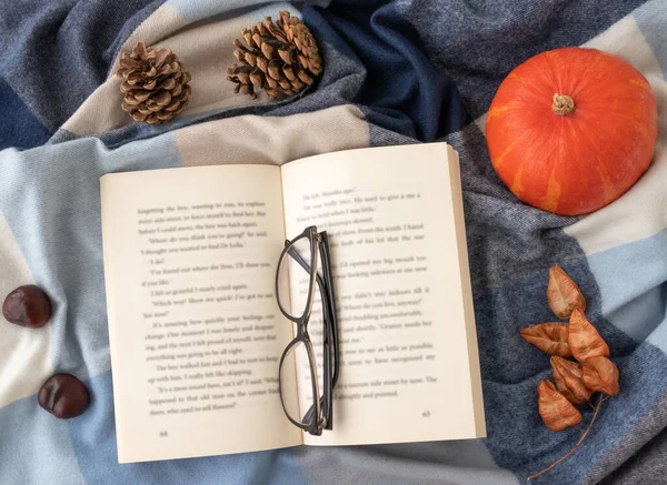 Yumuşak yüzey üzerine dekoratif unsurlarla açılan kitabın üst görünümü. Sonbahar konsepti.
