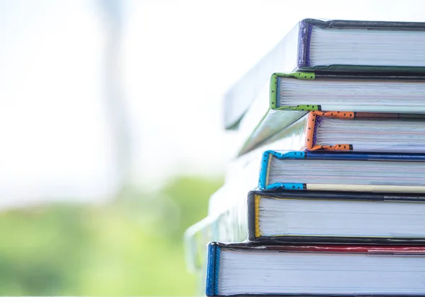 Livros Empilham Cadeira Madeira Para Negócios Educação Volta Conceito Escola — Fotografia de Stock