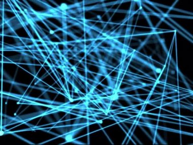 Mavi arka plan üzerindeki çizgi noktalarıyla soyut bağlantı ve iletişim. İletişim ve ağ kavramı.