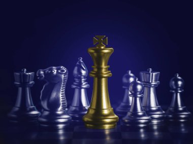 Altın kral satranç gümüş satranç taşlarının etrafında yuvarlanarak zafere, iş stratejisi konseptine ve başarı için lider ve takım çalışması konseptine karşı takım çalışması ile savaşır..