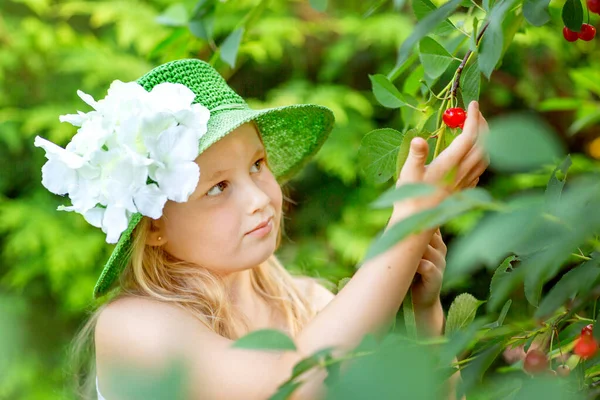 Een mooi blond meisje plukt een kers uit een tak. Kijk naar de bes. Sluiten. — Stockfoto