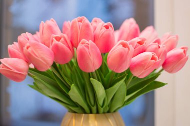Vazoda laleler. Pencerede duran bir vazoda narin pembe lalelerden oluşan büyük bir buket.