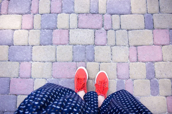Ženské nohy shora. Selfie skvělé pro jakékoli použití. — Stock fotografie