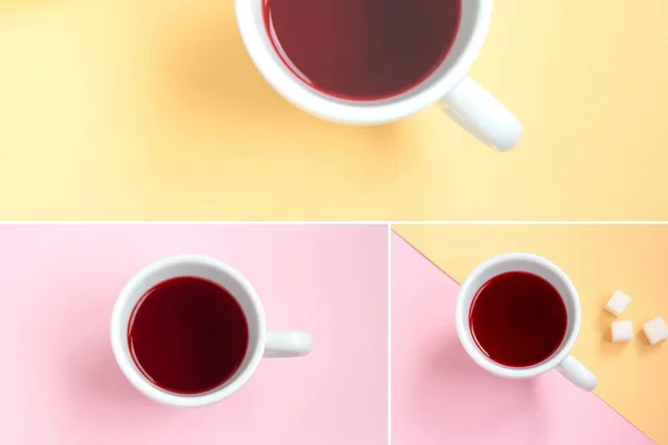 Collage creativo. Té de hibisco en una taza blanca y azúcar — Foto de Stock