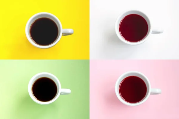 Kreative Collage Stimmungsbrett Collage Vier Weiße Tassen Kaffee Auf Buntem — Stockfoto