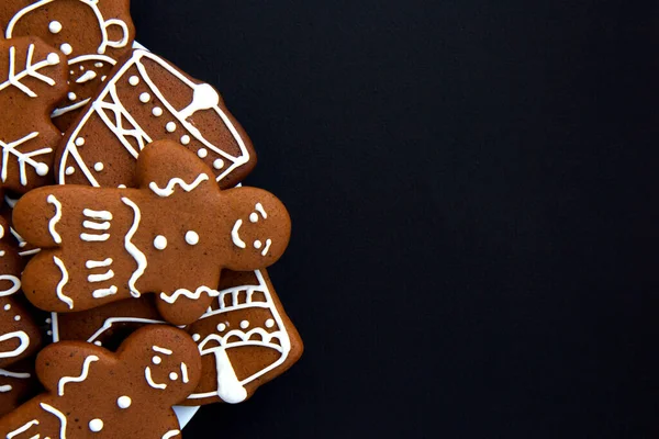 Tasty Homemade Christmas Gingerbread Cookie Various Shapes Sugar Glaze Black — Stock Photo, Image