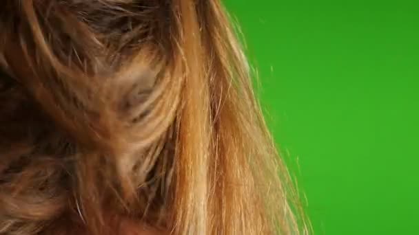 Back View Blonde Woman Drying Hair Front Green Screen Background