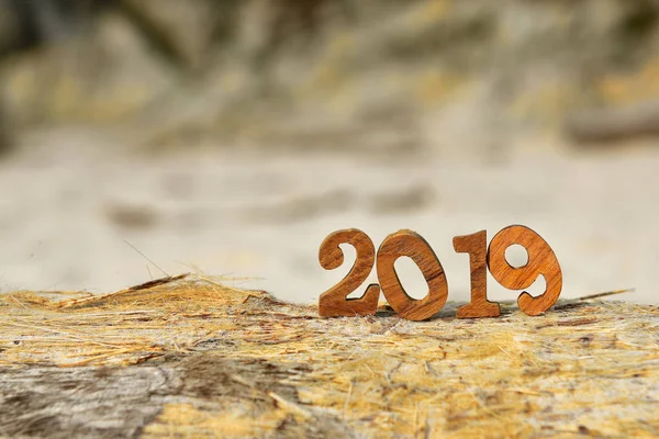 Happy New Year 2019 Wooden Number 2019 Timber Beach Background — Stock Photo, Image