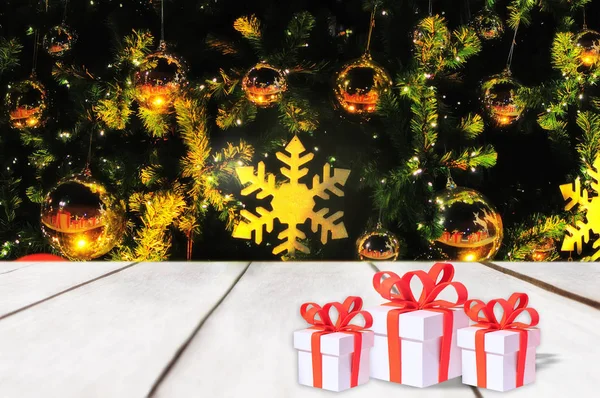 Prettige Kerstdagen Gelukkig Nieuw Jaar Met Rode Geschenkdoos Plank Kerst — Stockfoto