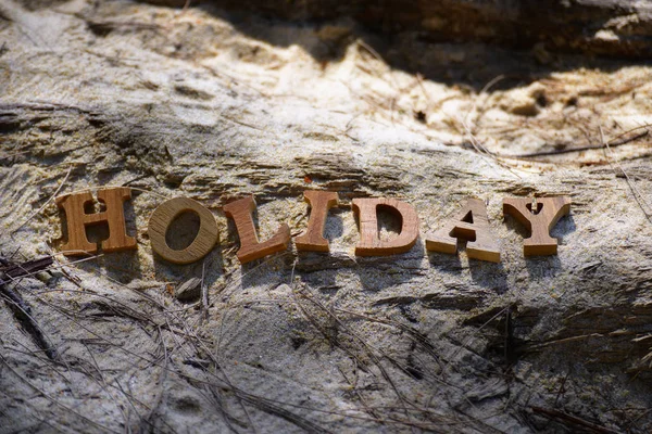 砂の背景にホリデイ 単語の木仕事生活バランス概念と時間管理のアイデア — ストック写真