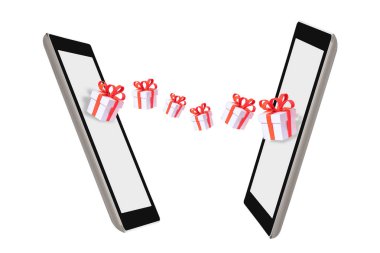 Hediye kutusu beyaz arka plan, online mutluluk kavramı üzerinde bilgisayar tablet ekranında