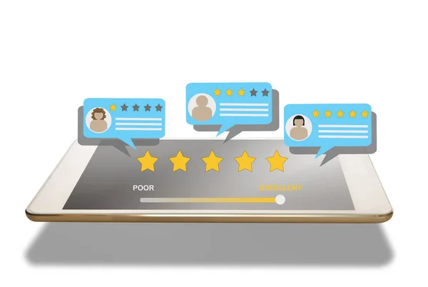 Review Rating Bubble Speeches Computer Tablet White Background Five Stars — Stock Photo, Image