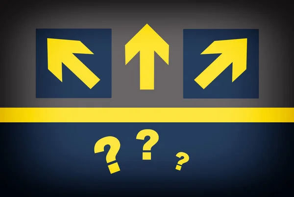Concepto Decisión Empresarial Desafío Idea Éxito Flechas Amarillas Signo Interrogación — Foto de Stock