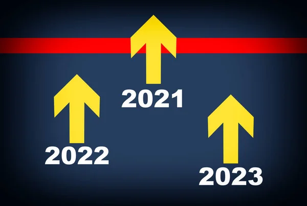 2021 2023 Piros Kezdővonal Sárga Nyilakkal Kék Háttér Üzleti Verseny — Stock Fotó