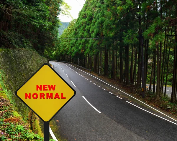 Nouveau Mot Normal Sur Panneau Jaune Sur Fond Montagne Route — Photo