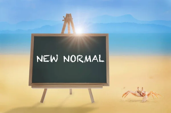 Kata Normal Baru Papan Tulis Dan Kepiting Latar Belakang Pantai — Stok Foto
