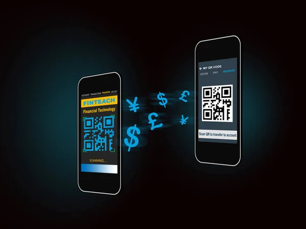 Scanning QR code to transfer money to account with mobile smart phone. Financial technology concept and peer to peer transfer money with motion blur idea