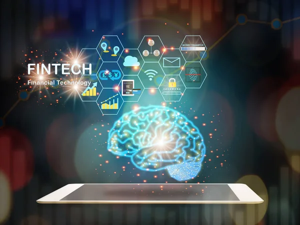 Brain modern technology machine learning on computer tablet with fintech theme background. Artificial intelligence and financial technology transformation concept and investment with internet of thing idea