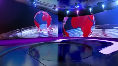 Üç boyutlu sanal haber stüdyosu. Arka planda dev ekranlar, parlak ışıklar ve yansımalı parlayan yerler..