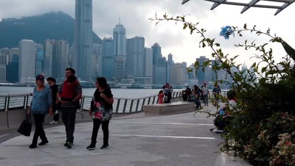 Гонконг, Китай, 22 марта 2019 года: Медленное движение людей, посещающих Аллею звезд. Аллея звезд расположена вдоль гавани Виктория в Гонконге. И вновь открылся в 2019 году — стоковое видео