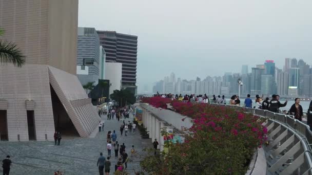 Movimiento lento de turistas que visitan el paseo marítimo en Tsim Sha Tsui — Vídeos de Stock