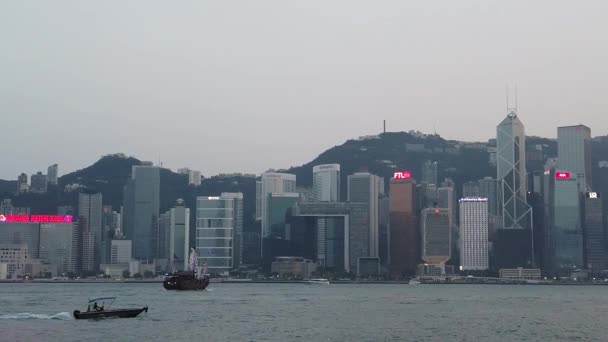 Slow motion of Victoria Harbor and Hong Kong Island Skyline — Stock Video